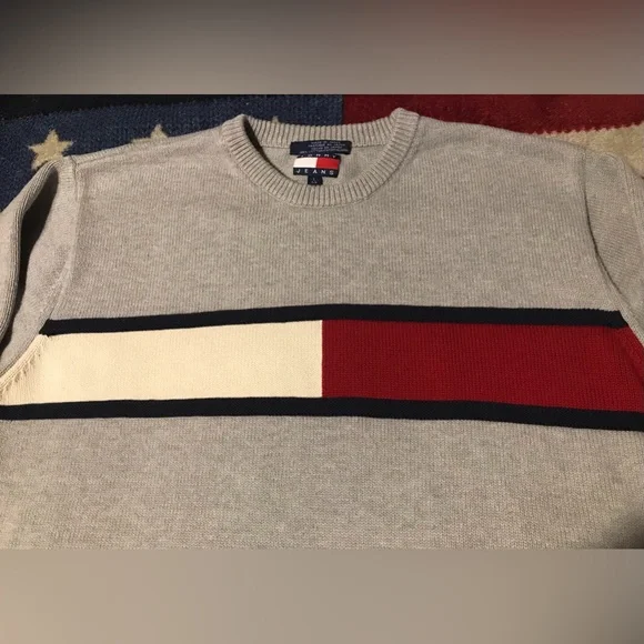 Vintage TOMMY HILFIGER JEANS FLAG Crew Knit Sweater L sportsman Rlpc Rlx Usa Ltd